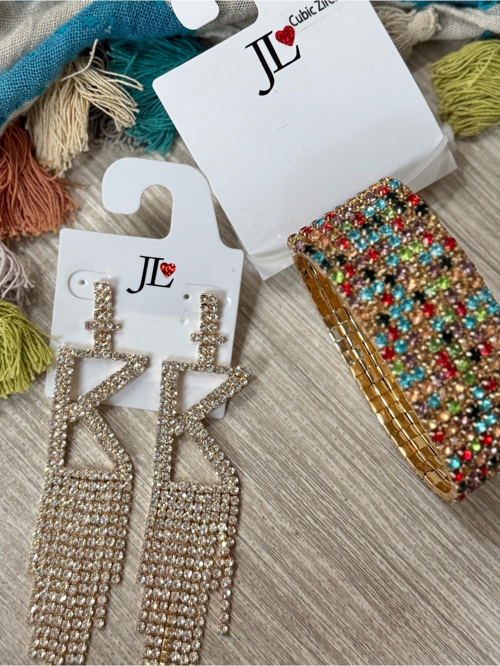 NWT Gold Toned Rhinestone-Inlaid Tassel Earrings & Bracelet Set